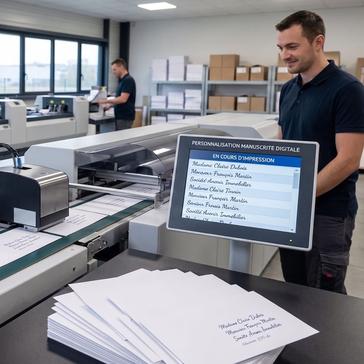 Robot d’écriture manuscrite personnalisant un courrier chez Groupe Routage